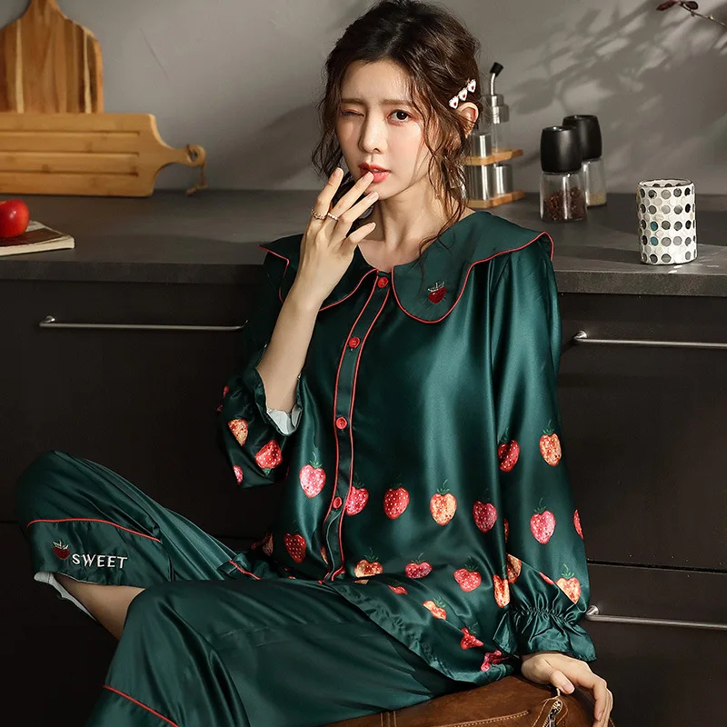 

Pajamas women's long-sleeve home service cartoon yukata thin suit silky sleepwear sexy nightwear loose camison mujer new arrival