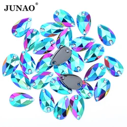 JUNAO 10*18mm Sewing Green AB Drop Big Rhinestones Flat Back Resin Stones Crystal Sew On Strass Applique For Clothes Decoration
