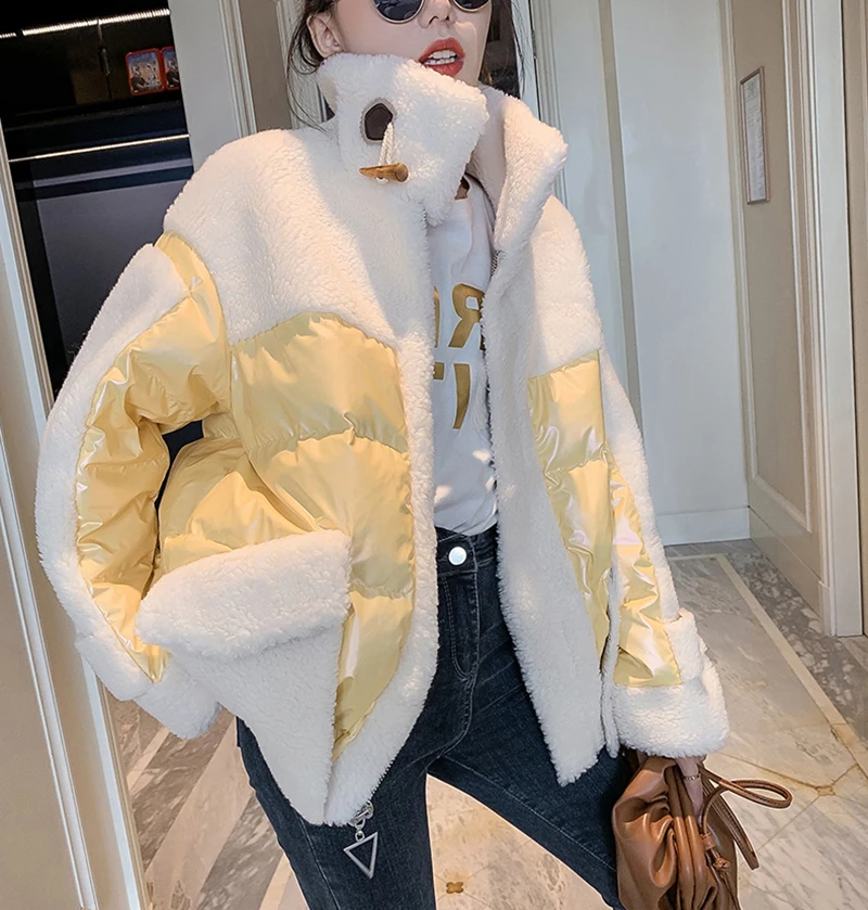 2024 Women Winter Fur Stitching Jacket Woman Fur Cashmere Jacket Warm Parker Short Jacket Lady Korean Loose Down Cotton Jackets