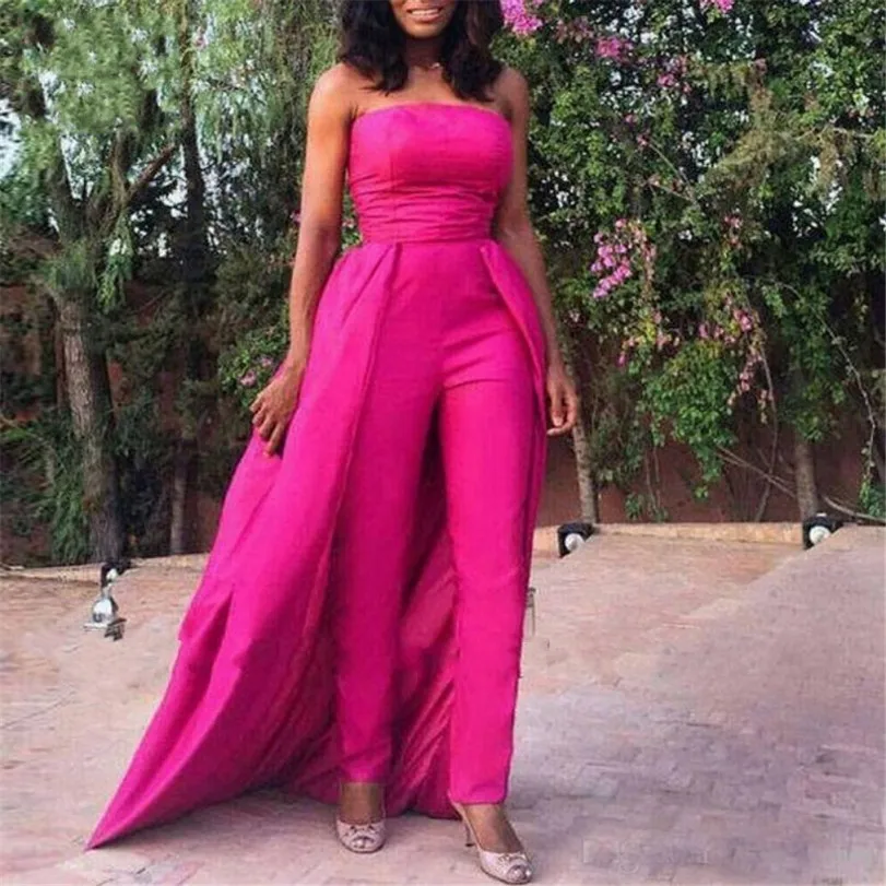 Strapless Fuchsia 2024 Jumpsuit Evening Dresses Long Train Soft Satin Prom Formal Gown Vestidos De Fieast