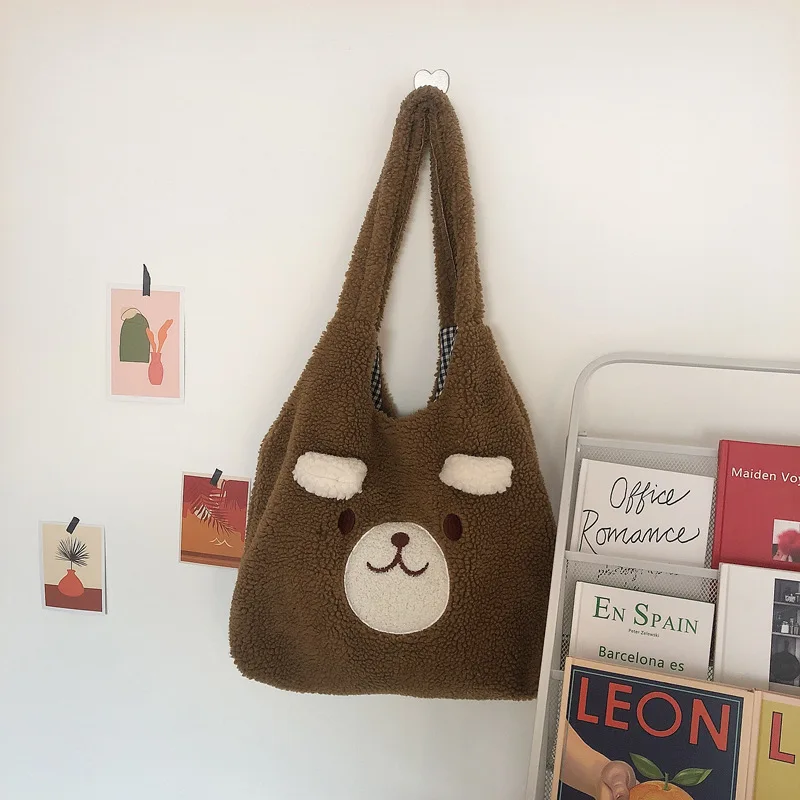 Art Designer Bag Lovely Bear Ears Plush Tote Bag Women Large-capacity Shoulder Bag Soft Lamb Bag Ladies Hand Bags Bolsa Feminina