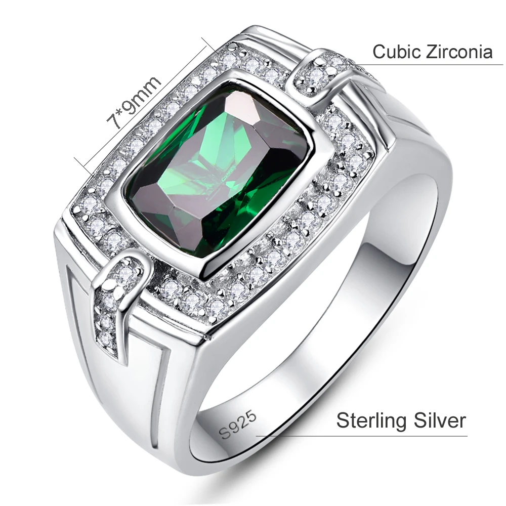 BONLAVIE 925 Sterling Silver Long Cushion Emerald with Small Zircon Men\'s Ring for Wedding and Engagement Jewelry Gift