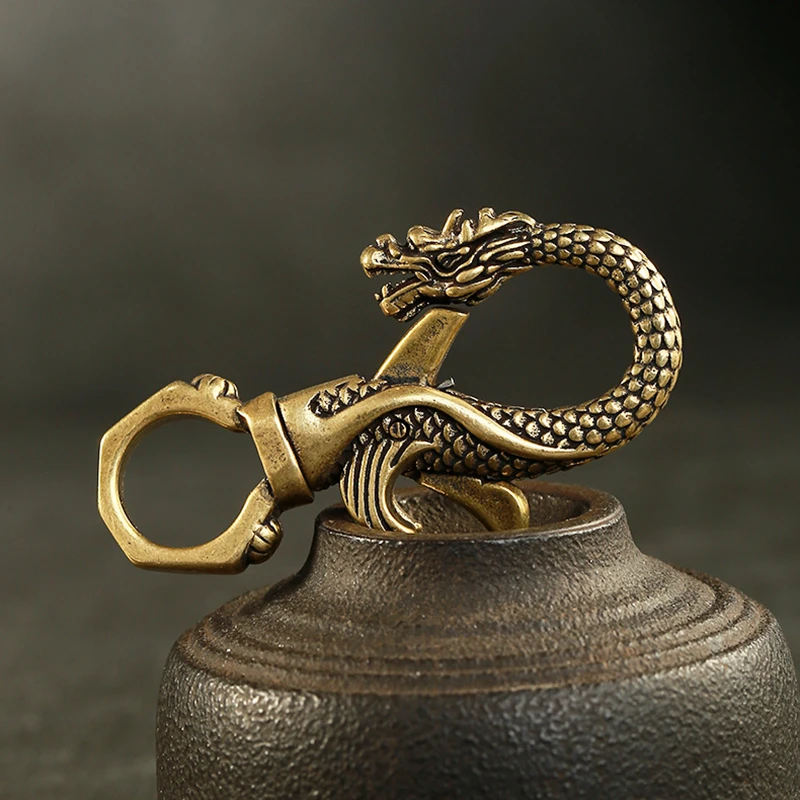 Vintage Brass Dragon Figurines Small Ornaments Retro Animal Lucky Car Key Chains Crafts Office Desktop Decorations Accessories