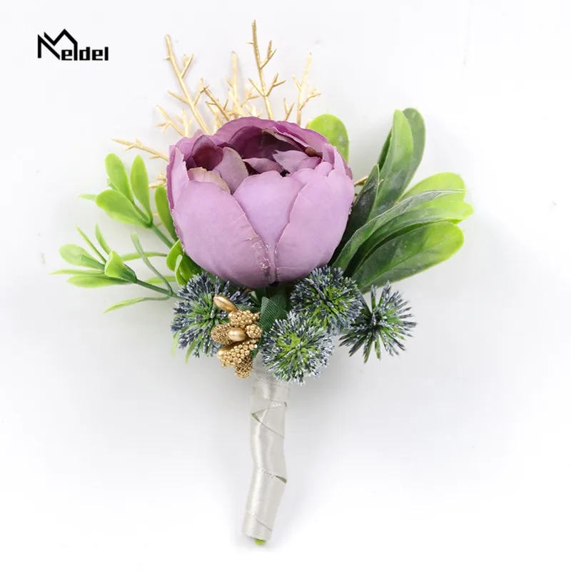 แต่งงาน Boutonniere และนาฬิกาข้อมือดอกไม้สำหรับเจ้าสาวเจ้าบ่าว Boutonniere สำหรับ Mariage พรหมสีม่วง Rose นาฬิกาข้อมือสตรีมือดอกไม้