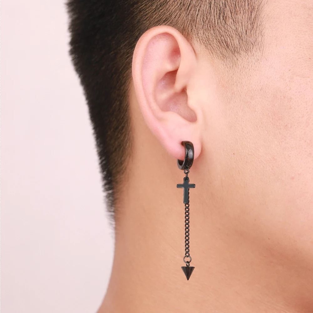 1/2PCS Stainless Steel Cross Pendant Clip Earring Geometry Dangle Long Chain Tassel Unisex Non-Piercing Earring Punk Ear Jewelry