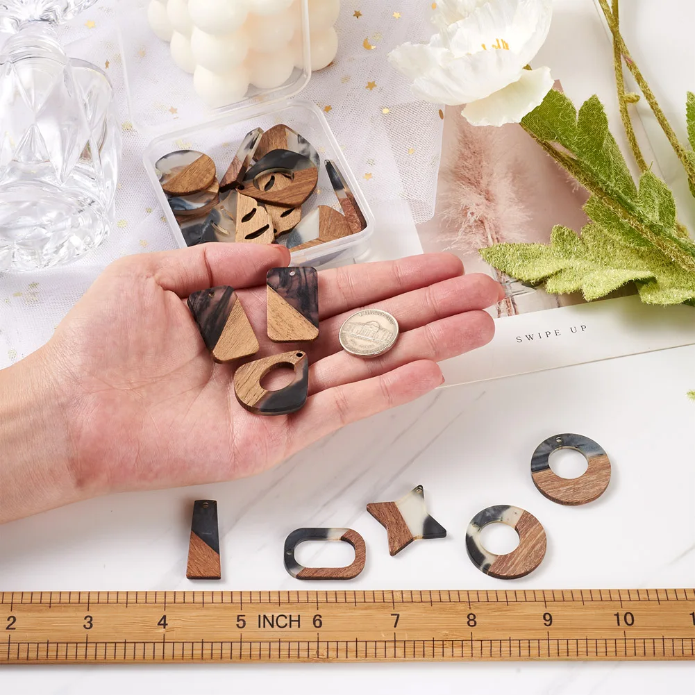 20Pcs Mix Natural Walnut Wood Resin Pendant Teardrop Leaf Geometric Charms For Earring Necklace DIY Craft Jewelry Making