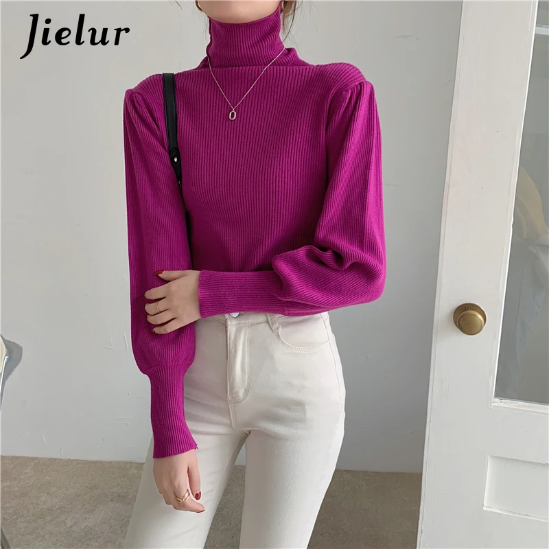 Jielur Blue Turtleneck knitted Sweaters Female New Autumn Winter All-match Slim Bottoming Tops Black Puff Sleeve Women Pullovers