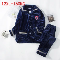 Plus Size 6XL12XL Grey Nightwear Long Sleeve Winter Thicken Warm Flannel Pajamas Sets Soft Sleepwear Long Pant Male Blue Gray