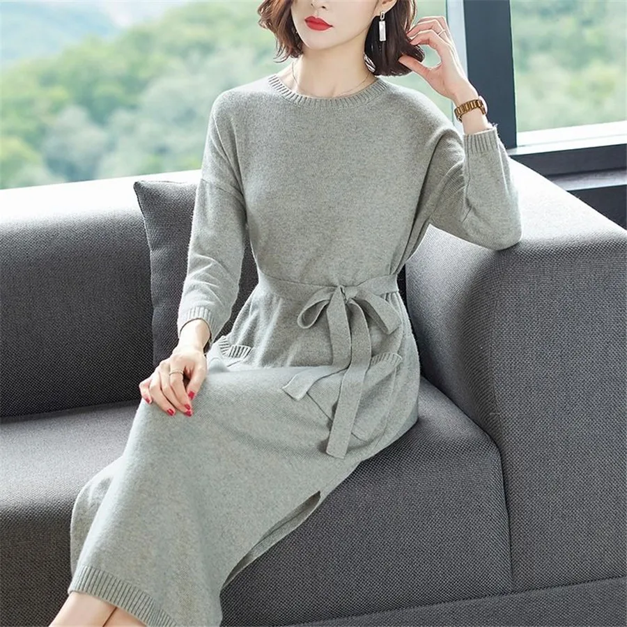 

Solid Knitted Sweater Dress Turtleneck Full Sleeve Elegant Midi Dress with Buttons One Size Winter Dresses for Women