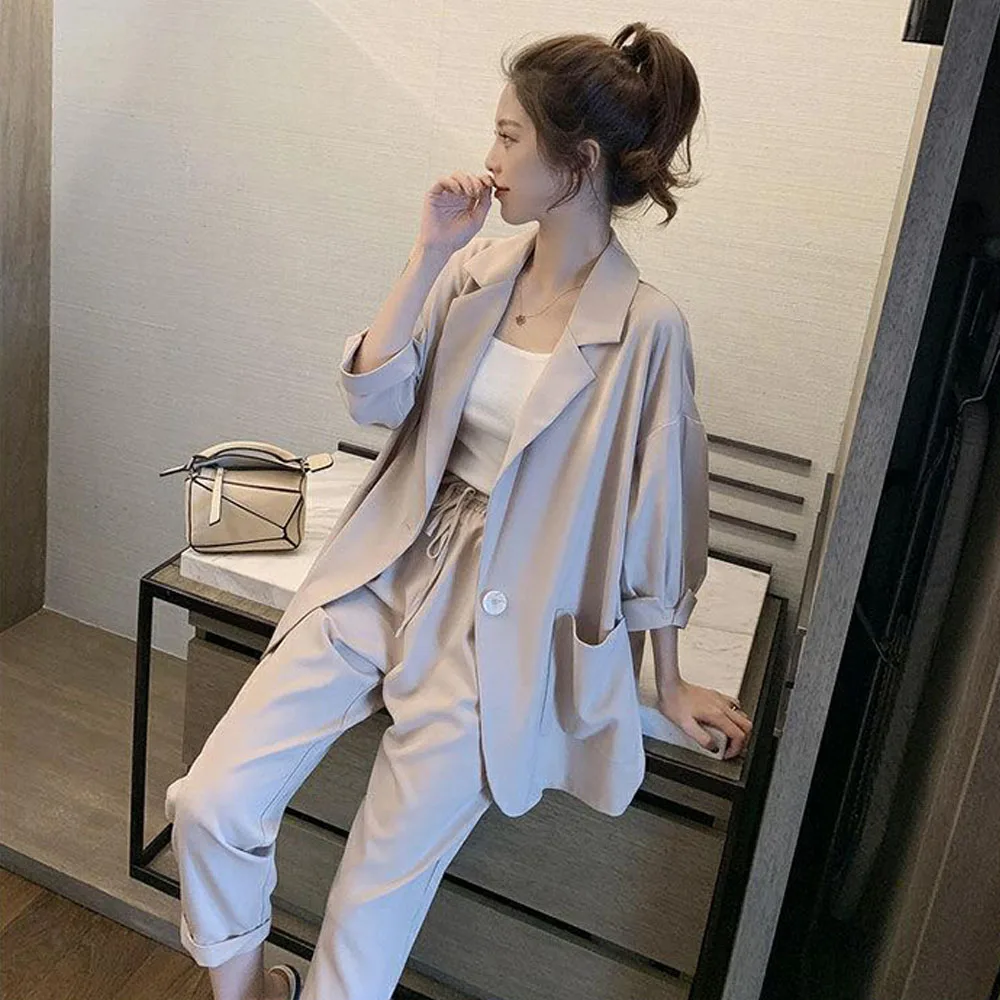 Two Piece Set Big Size Elegant Office Lady Suit Slim Long Pants Jacket Blazer Top Suit Commuting Wind Work Casual Women Set