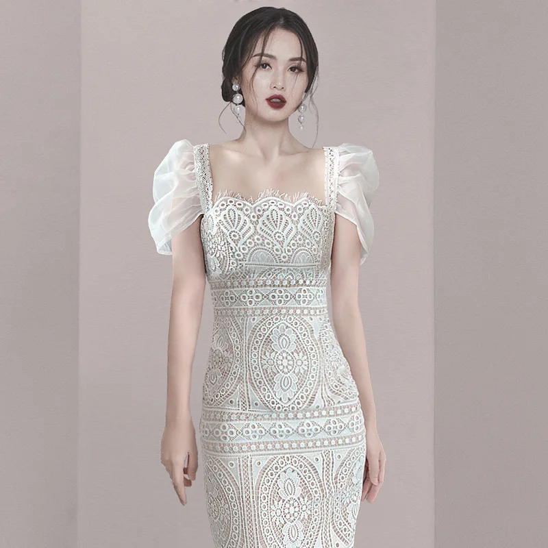 SMTHMA New Fashion Women\'s Summer Dress Korea Chic Puff Sleeve Elegant Lace Hollow Out Dress Ladies Square Collar Slim Clothes