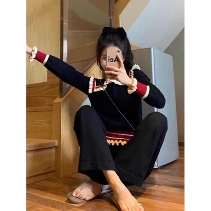 High Quality  Autumn Winter Elegant Runway Knitted 2 Pieces Set Women Long Sleeve Contrast Color Tops+pocket Wide Leg Pants Suit