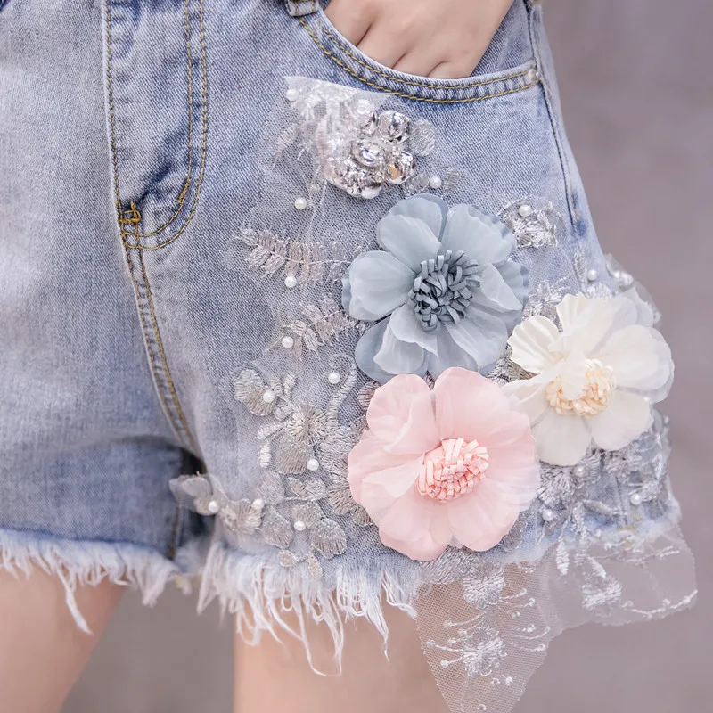 Fashion High waist Jeans Shorts Sets 2023Summer Women 2 Piece Sets Embroidery 3D Flower T-shirt top+Denim Shorts Two-piece set