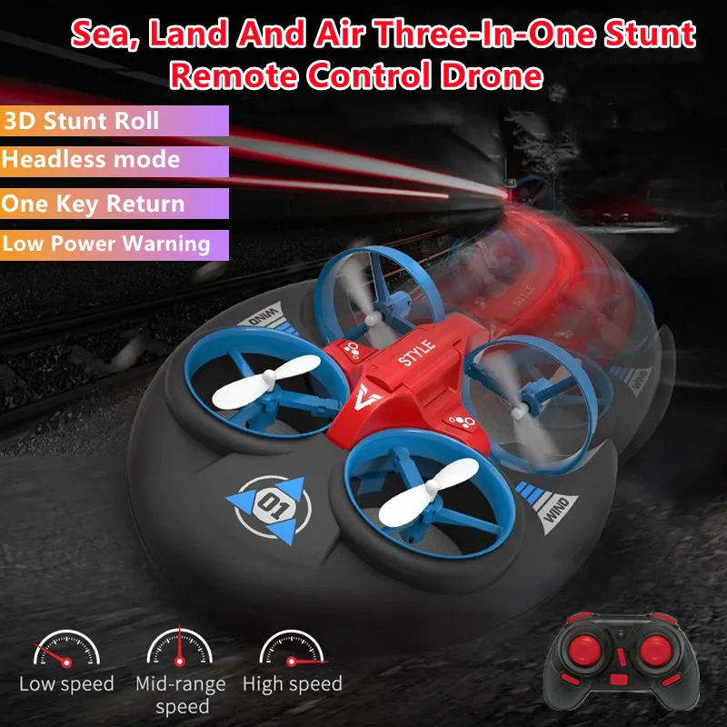 Sea Land Air 3-In-1 Wireless Control Mini Drone Headless Mode 3D Stunt Roll Low Power Warning One-Key Return RC Quadcopter Toy