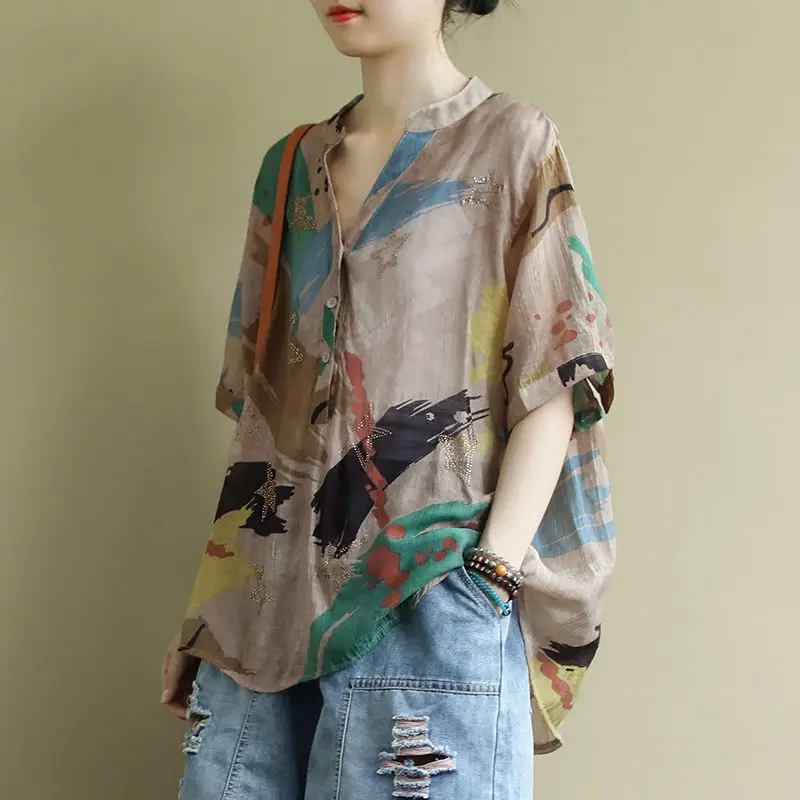 Summer elegant Vintage Cute Graffiti Graphic Short Sleeve Casual Button Up Art Linen Cotton Baggy Blouses Shirts Top Women 2021