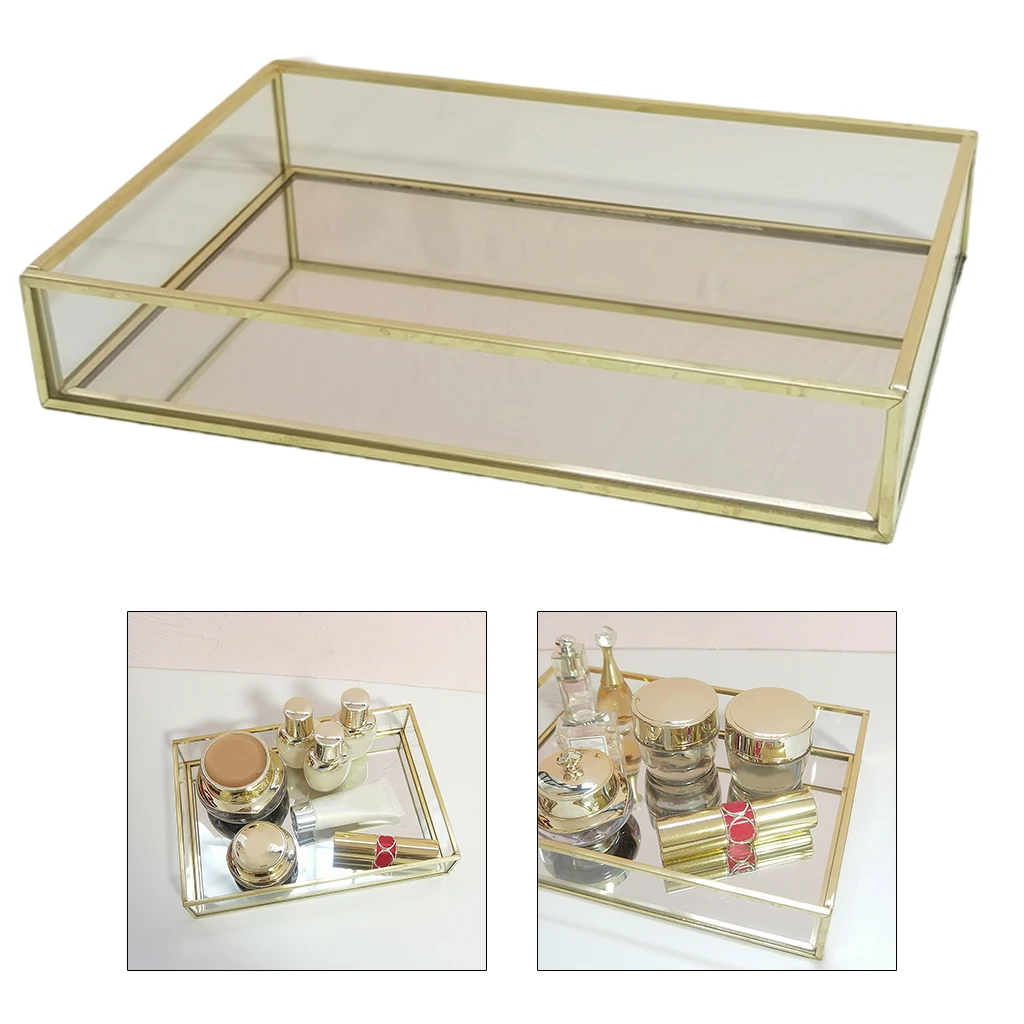 Retro Glass Mirror Decorative Storage Tray for Makeup Display Bracelet Table Glass Tray Gold Jewelry Cosmetic Organizer Tray