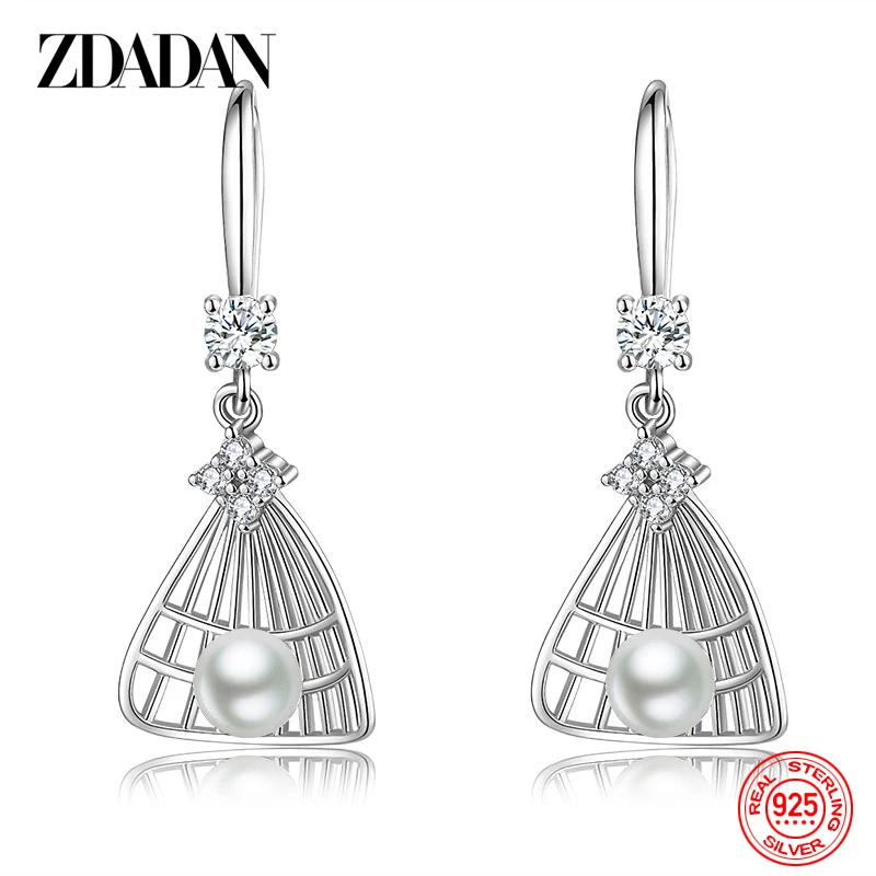 ZDADAN 925 Sterling Silver Fan Pearl Earrings For Women Fashion Jewelry Wedding Gift