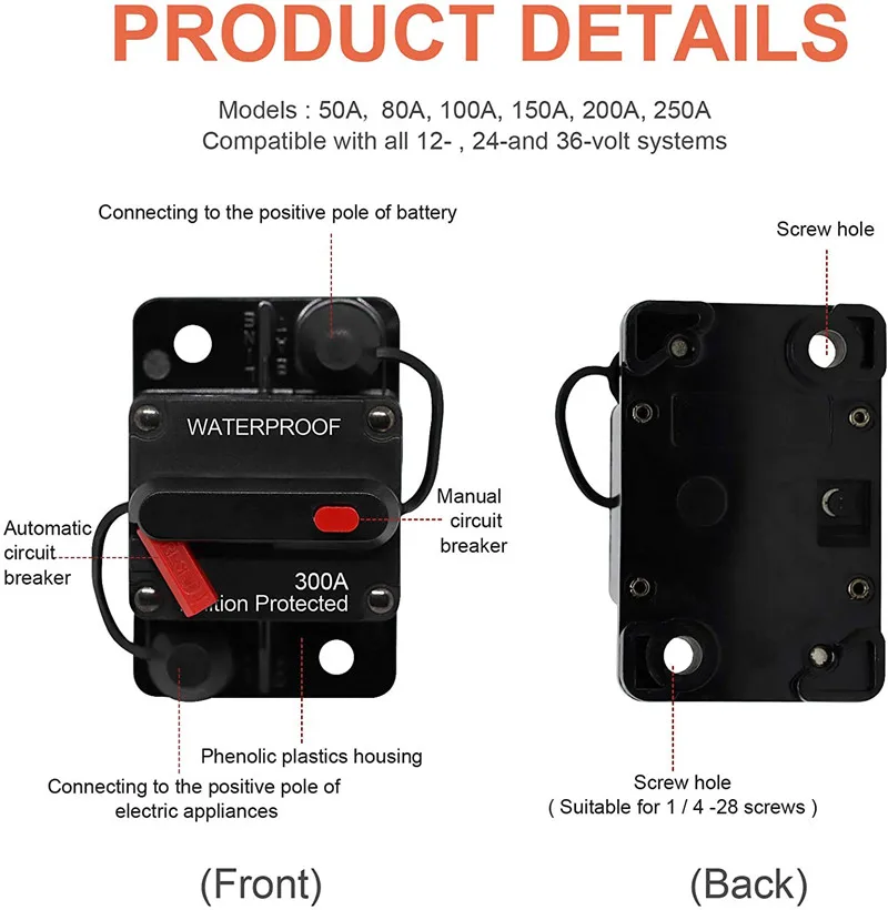 50-300A AMP Circuit Breaker Dual Battery IP67 Waterproof 12V 24V Fuse Manual Reset Car Circuit Breaker