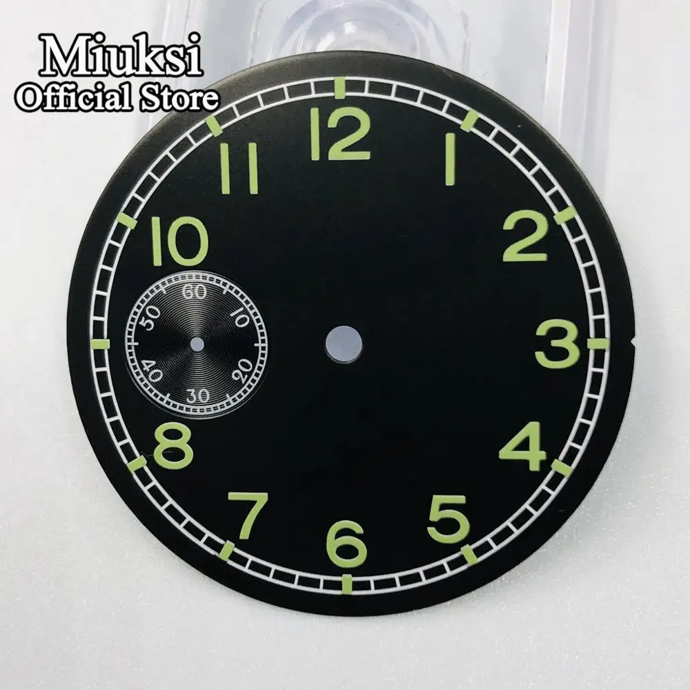 Miuksi 38.8mm black watch dial luminous dial fit ETA 6497 3600 series movement