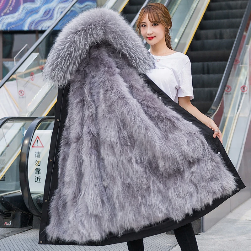 Waterproof Parka Winter Fur Jacket Women Real Fur Coat Natural Raccoon Fur Lined Overcoat X-Long Outerwear Fashion Streetwear