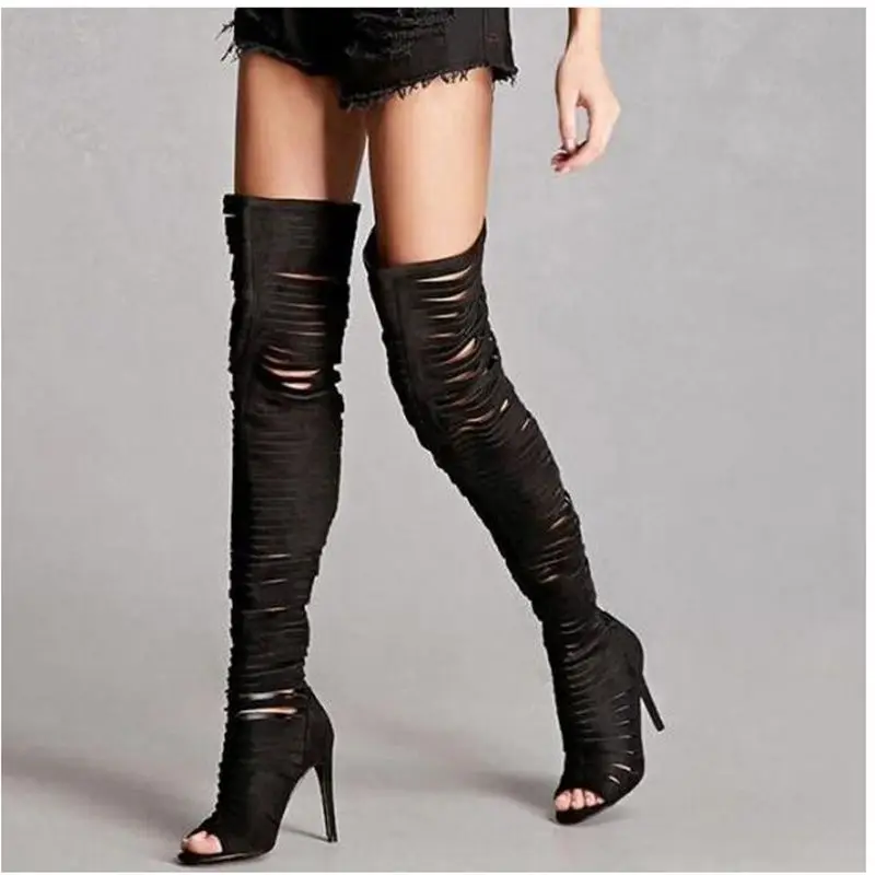 Hot Peep Toe Thin High Heels Boots Women Black Suede  Cut-Outs Gladiator Over-the-Knee Sequins Booty Strange Style Party Shoes