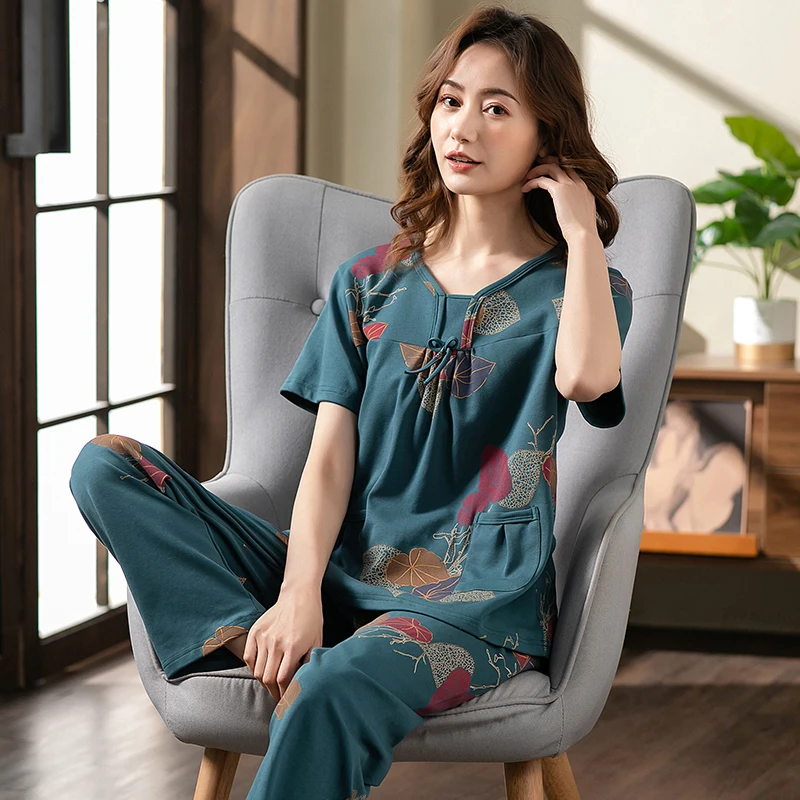 Big Yards M-4XL Women Cotton Pajamas Sets Soft Nightwear Summer Short Sleeve Pyjamas Leaf Print Sleepwear Female Pijamas Mujer