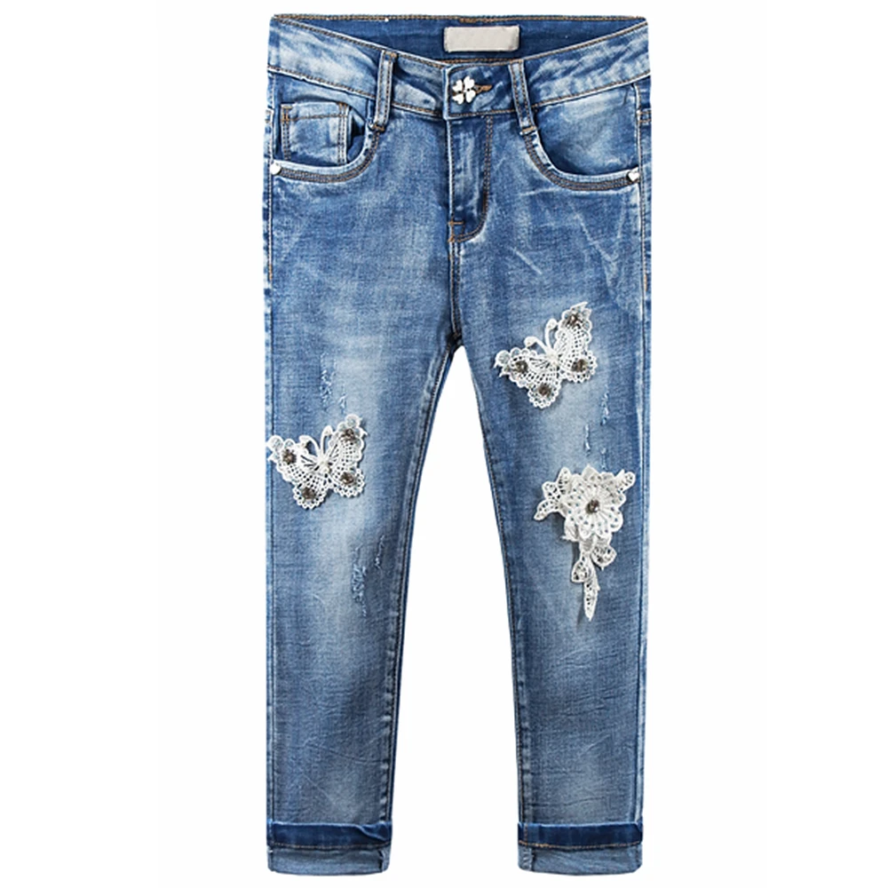 4-12T Teanager Jeans Stretchy Soft Denim Long Pants Spring 3D butterfly Kids Trousers Children Clothes Teen Clothing 5 6 7 8 9