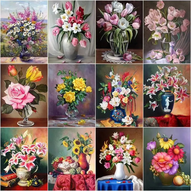 

CHENISTORY 60x75cm Frame Oil Painting Flowers In Vase Kits Handpainted Picture By Numbers DIY For Adults On Canvas Home Decor Gi