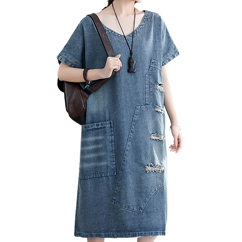 Amax luluE Letnia Koreańska Stylizacja Damska Punkowa Odzież Uliczna Długie Podarte Ubrania Damskie Jeansowe Sukienki Oversize Vintage Dziury Vestidos — zdjęcie 2