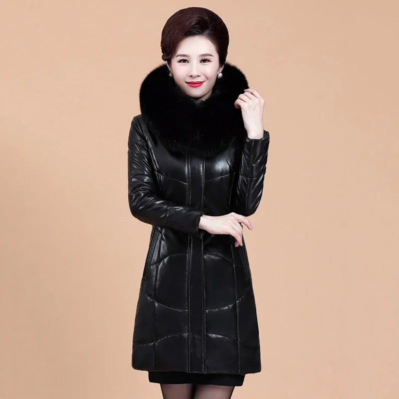 8XL Leather Down Jacket Women Mid-Length Fur Collar Hooded Leather Coat Winter Female Thick Warm Jacket 2023 Vintage Outerwear