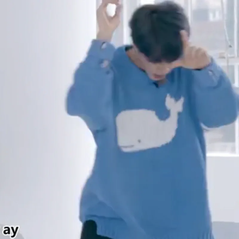 JIN Sky Blue Nette Cartoon Whale Pullover Langarm Pullover Winter Top Lose 김석진 Gleiche Strickwaren Pullover Casual Outwear Herbst neue