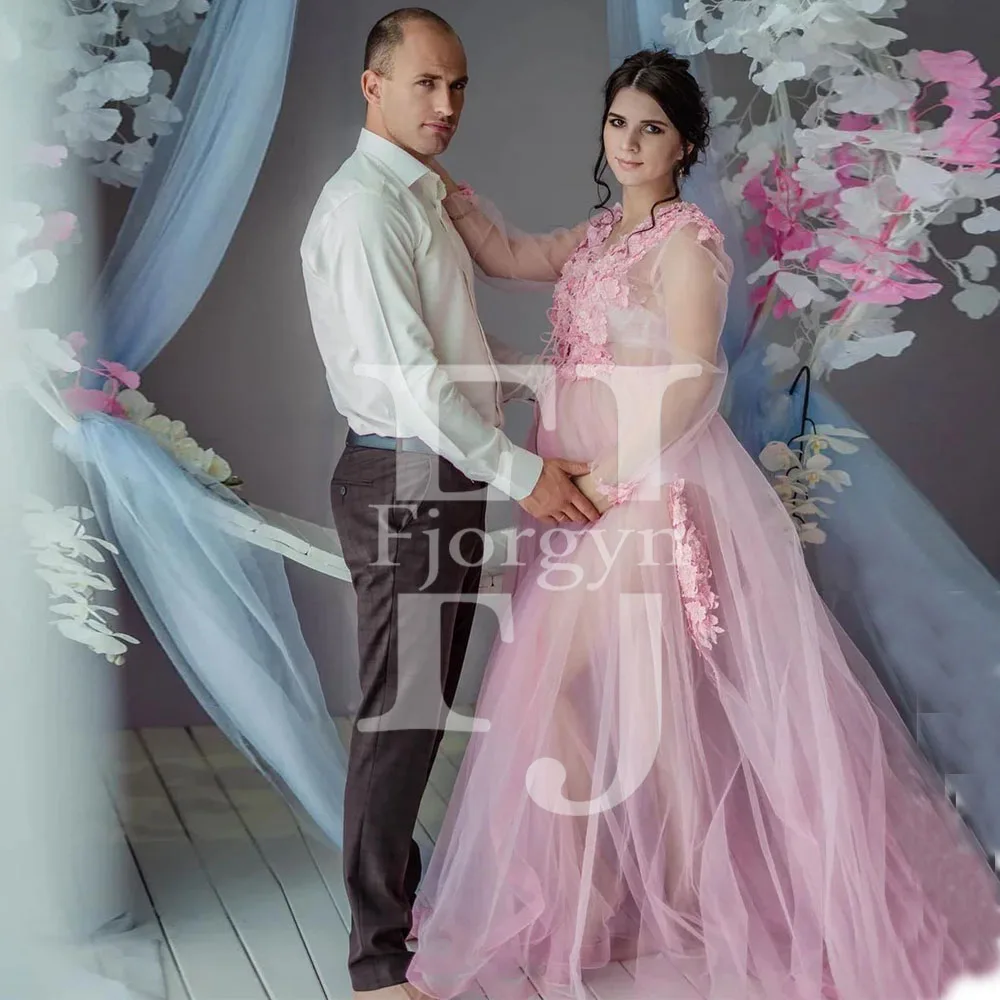 

Adorable Long Sleeve Applique Flowers Sheer Pink Tulle A-Line Maternity Dresses Custom Made Bridal Gowns Open Front Robes 2022