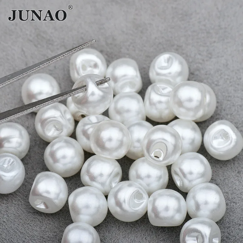 JUNAO 50pcs 8 10 12 mm White Pearl Buttons Plastic Round Beads Flatback Sewing Buttons Shank Pearl Beads for Clothing Decoration