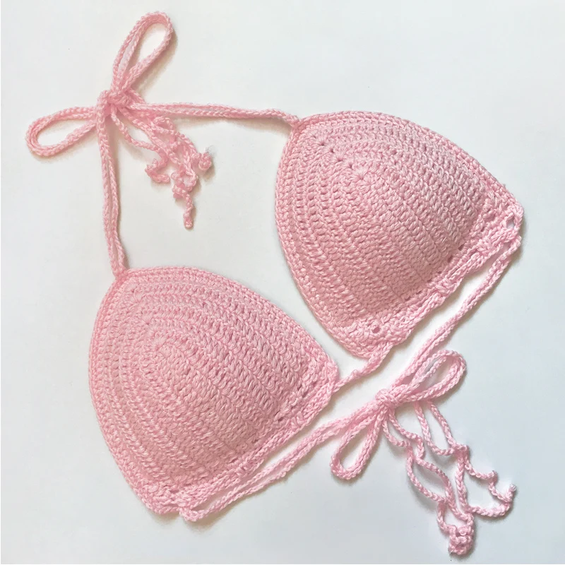 Pink Bikini Top 2024 Summer Sexy Swimwear Women Handmade Knitted Swimsuit Crochet  Padded Bra Push Up Ladies Beachwear Swim Suit