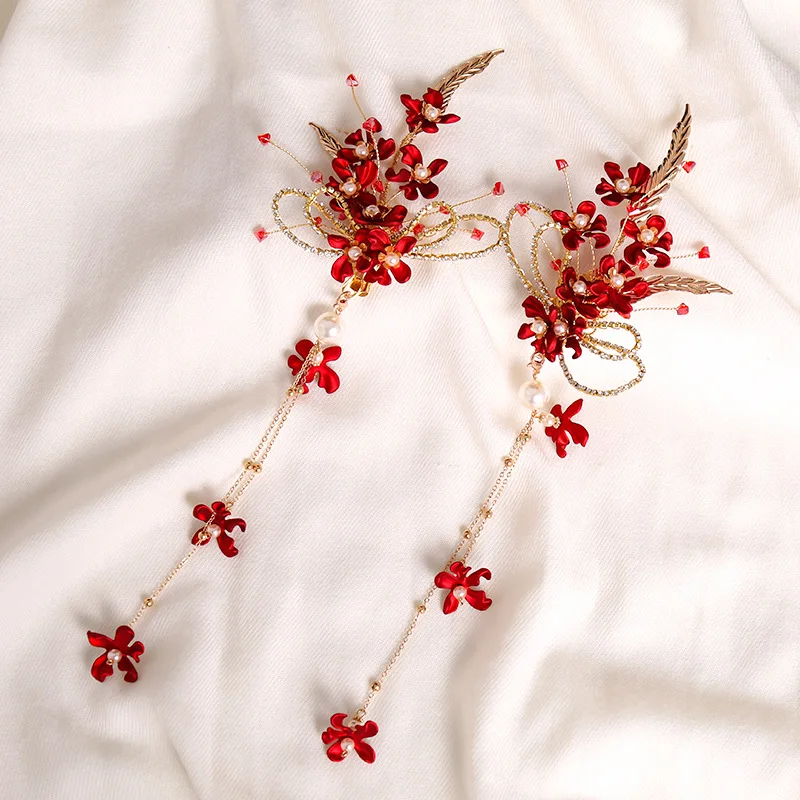 Red Flower Tassel Hairpin Chinese Traditional Style Side Hair Clip Girls Fairy Headdress Wedding Bride Hair Jewelry Wholasale