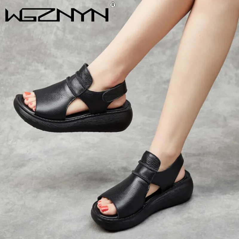 Summer Thick Bottom High Heel Flat Platform Sandals for Women Genuine Leather Fashion Wedges Peep Toe Women Sandals Fashion Shoe