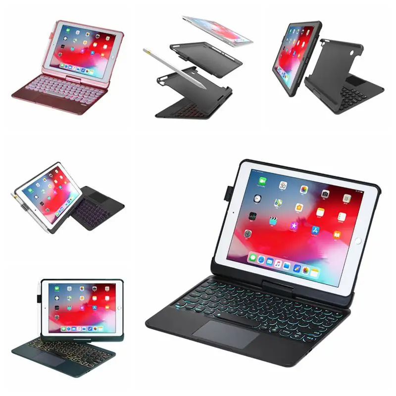 

360 Rotatable Cover For iPad 10.2 9.7 9th 8th Pro 9.7 10.5 11 Air 1 2 3 4 5 TPU Dectatble Funda Backlit Touchpad Keyboard Case