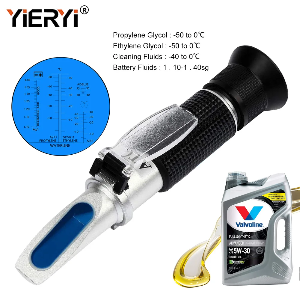 Yieryi Hand Held Tester Tool, refratômetro da bateria do carro, glicol fluido do motor, ponto de congelamento anticongelante, 4 em 1