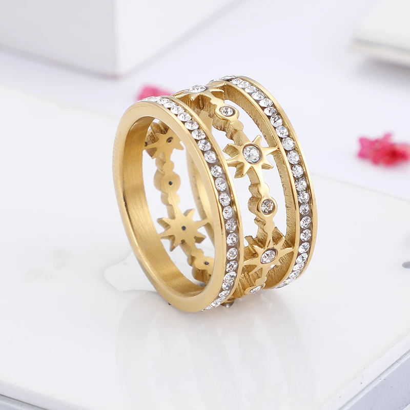 Dicotico Gold Color Stainless Steel Rings For Women Cubic Zirconia Wedding Bands Anillos Mujer Femme Jewelry Party Gift