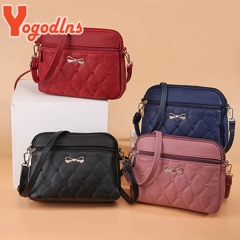 Yogodlns Fashion Bow Shoulder Bag For Women PU Leather Crossbody Bag Heart Embroidery Messenger Bag Multifunction Handbag Pouch