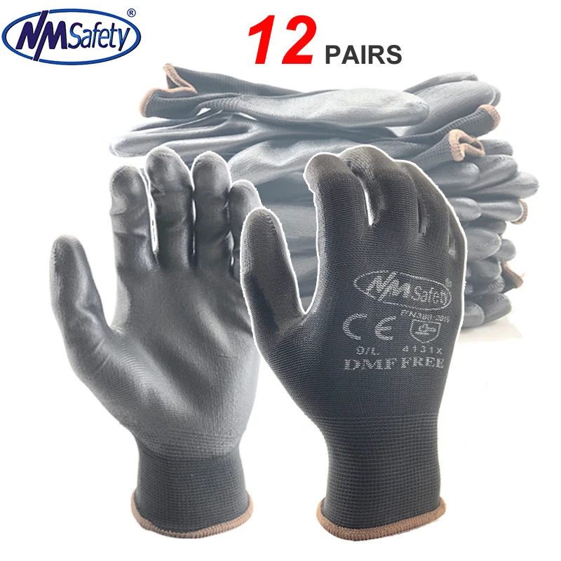 

24Pieces/12 Pairs Electric Hand Work Glove for Men Black Knit Nylon Dipped PU Rubber Security Protection Builders Fishing Garden