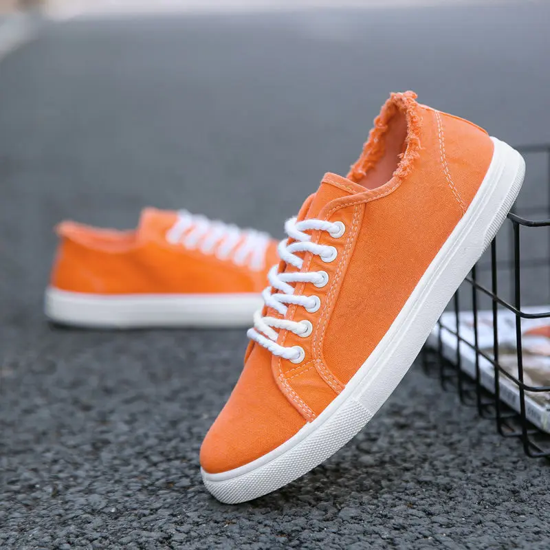 Frayed Canvas Sneakers For Men Low Top Trainers Mens Orange Vulcanized Shoes New Tenis Sneakers Anti-odor Men\'s Plimsoll Loafers