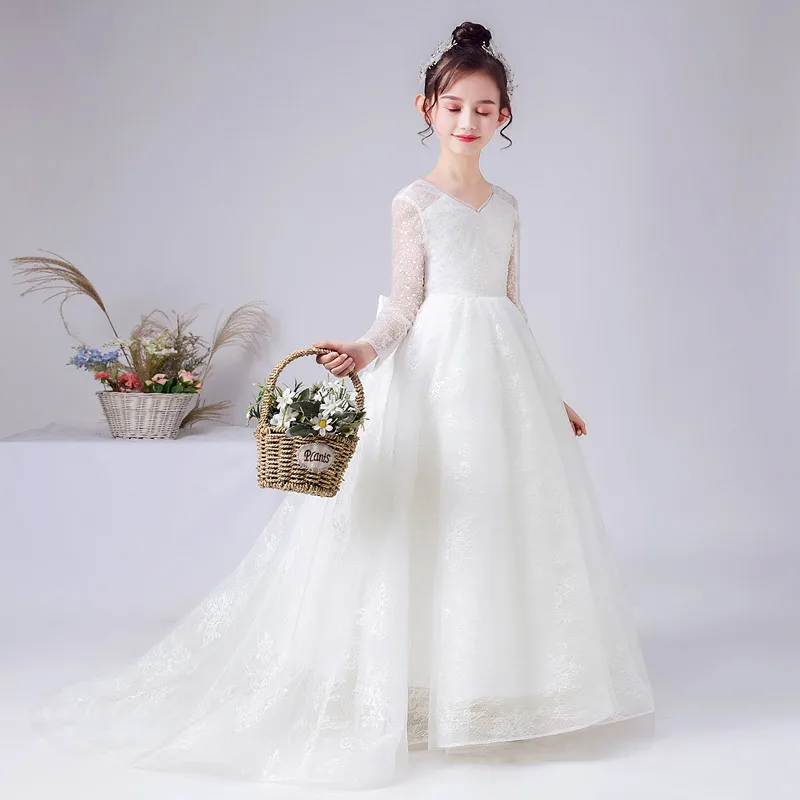 Dideyttawl Customized Long Sleeves Lace Flower Girl Dresses For Wedding And Party Gown Princess Birthday Formal Pageant Gowns