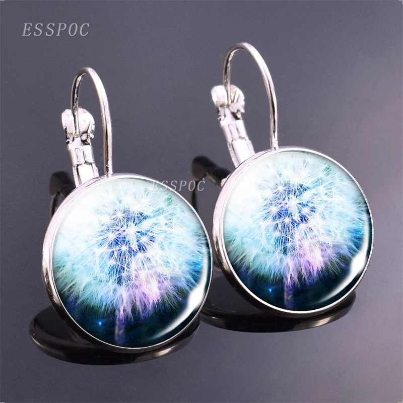 Fashion Dandelion Earrings Simple Style Dandelion Flowers Hook Earing Glass Cabochon Jewelry Earrings Gifts for Women Girl Lover