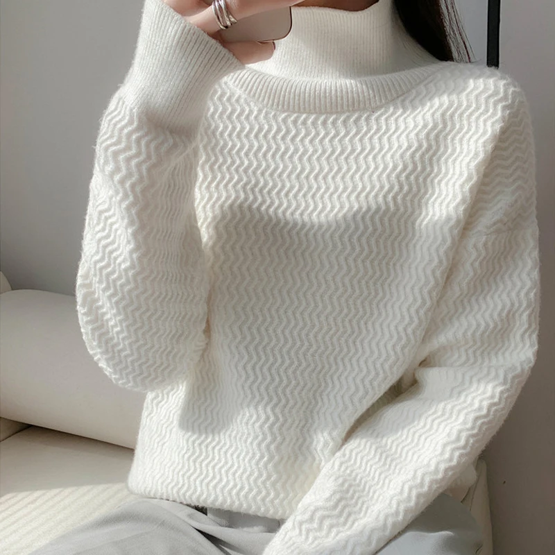 Women's Long-Sleeved Loose Sweater, Monochromatic, High Neck, Casual, Autumn and Winter