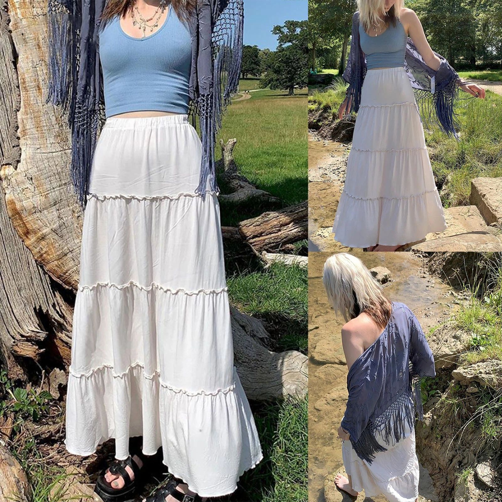 2022 Women Fairycore Skirt Vintage Solid Color High Waist Ruffled Maxi Skirt 90s E Girls Long  Aesthetic Fairy Grunge Skirts