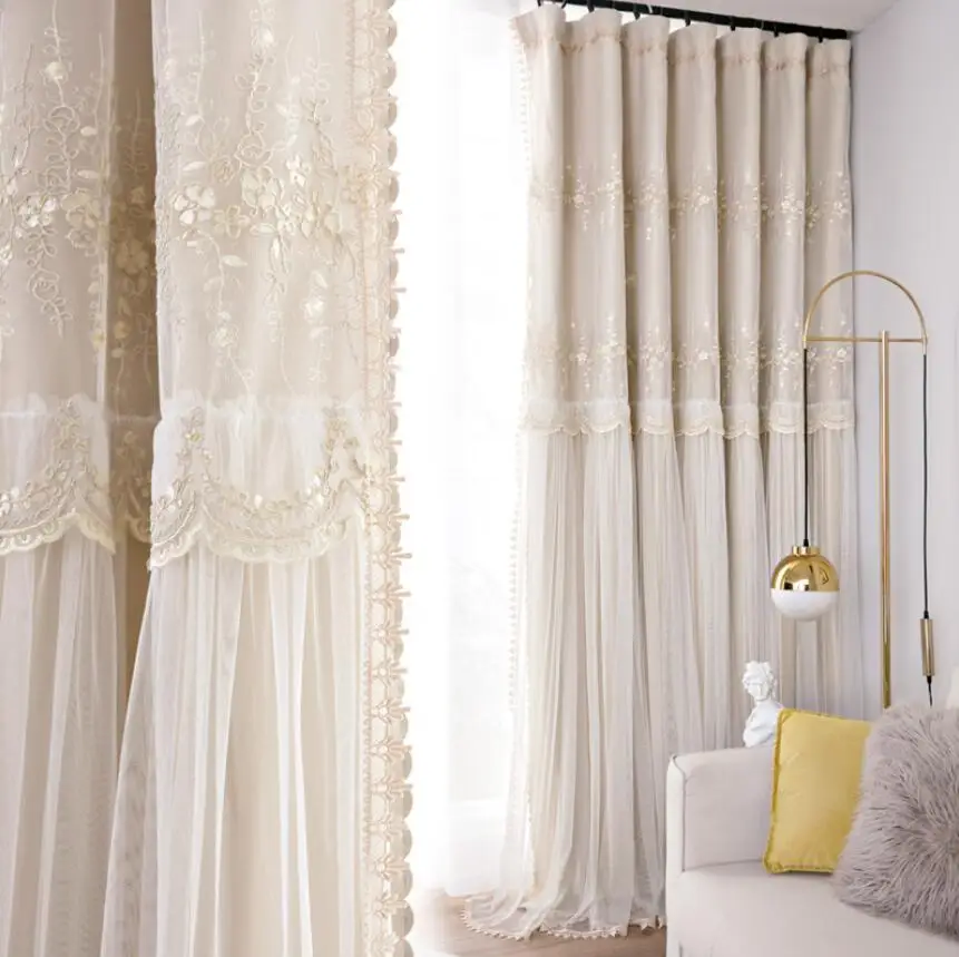 Double Layers Eropean Lace Embrodied Curtains for Living Room Top-Rated Princess Curtain for Bedroom Window Tulle Cloth Drapes