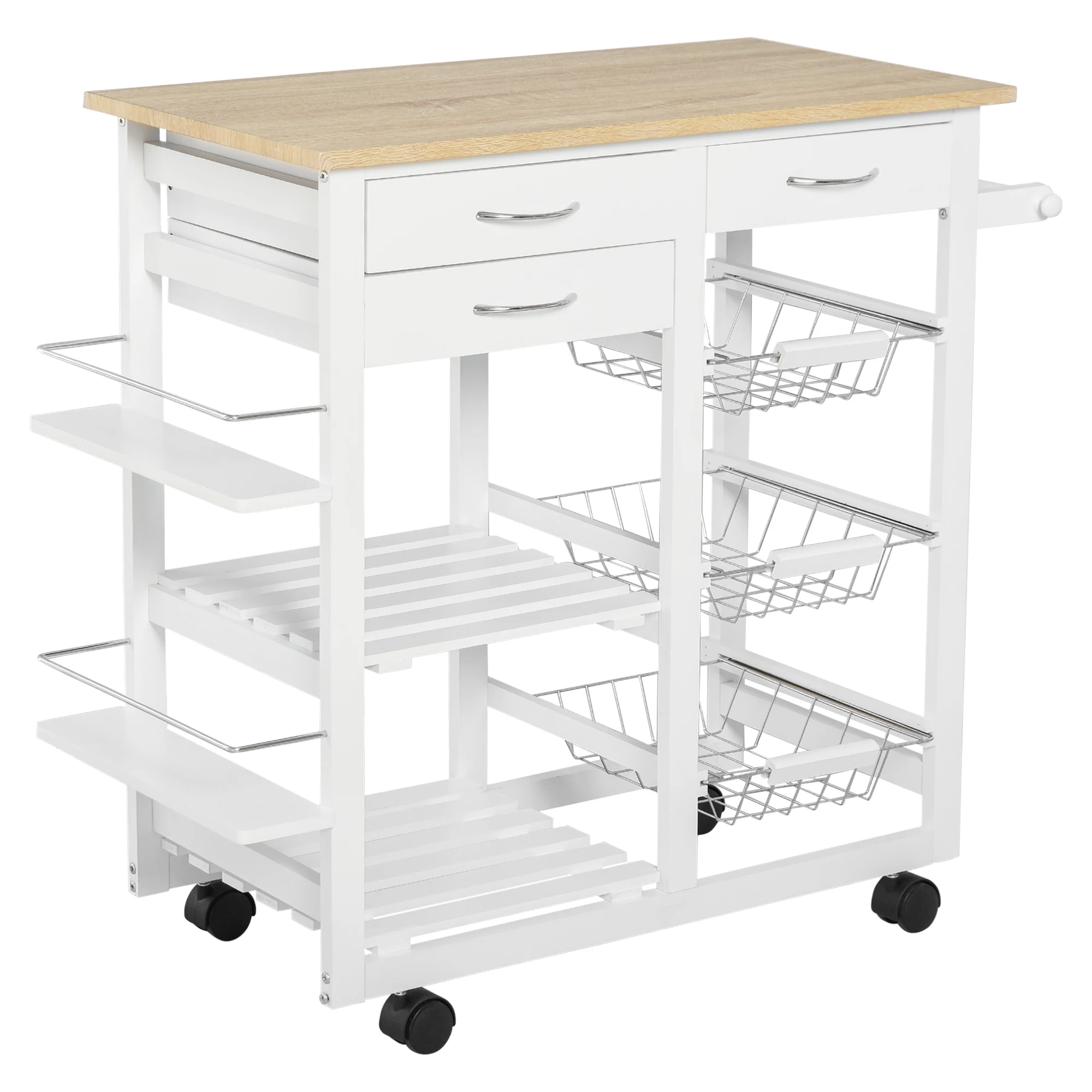 HOMCOM multifunctional kitchen cart with drawers baskets spice rack towel rack wheels 92x37x82 cm White