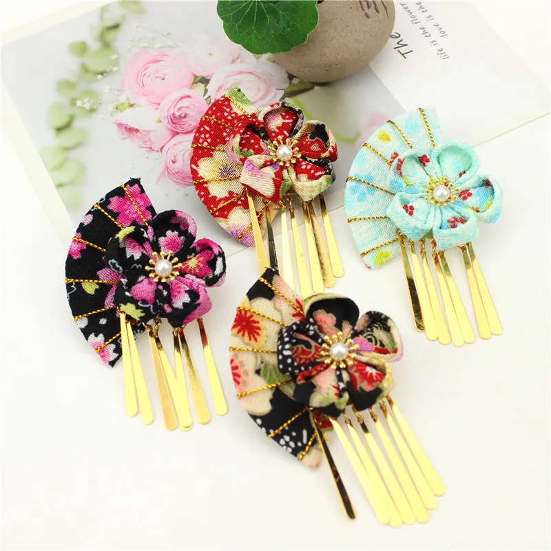 Maru-Tsumami Kanzashi Fan Shape Sakura Hairclip Traditional Japanese Flower Metal Tassel Kimono Accessory Geisha Handmade HW062