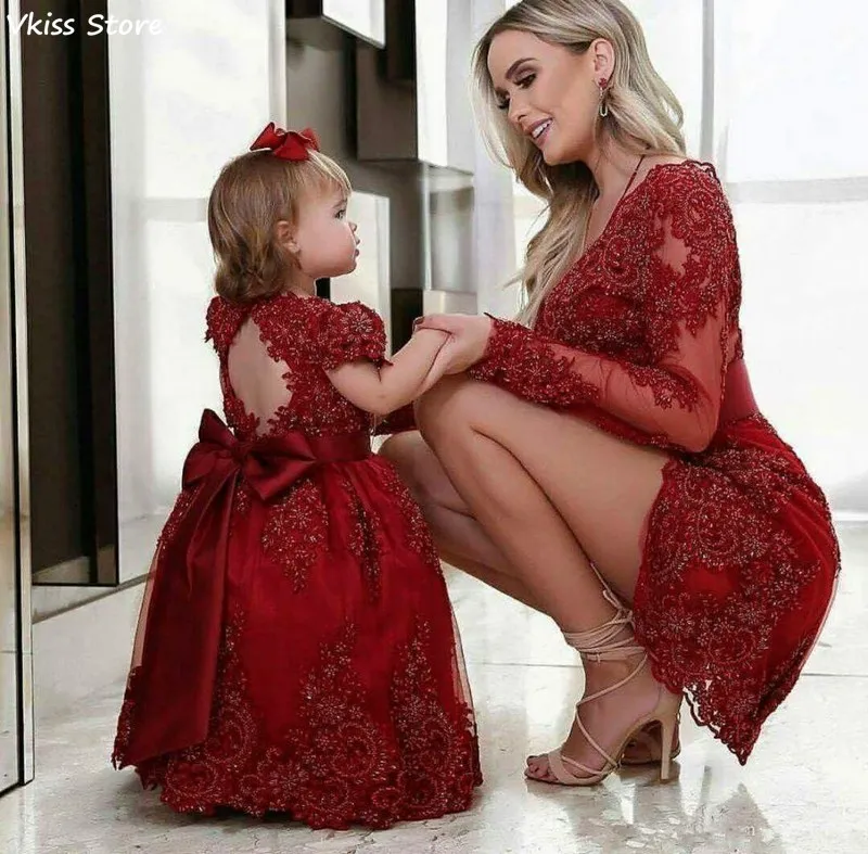 Vestido de noite para mãe e filha, vestido curto, renda vermelha, manga longa, com bainha, de mãe e filha